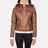 Women Brown Hooded Shearling stylish Leather Jacket